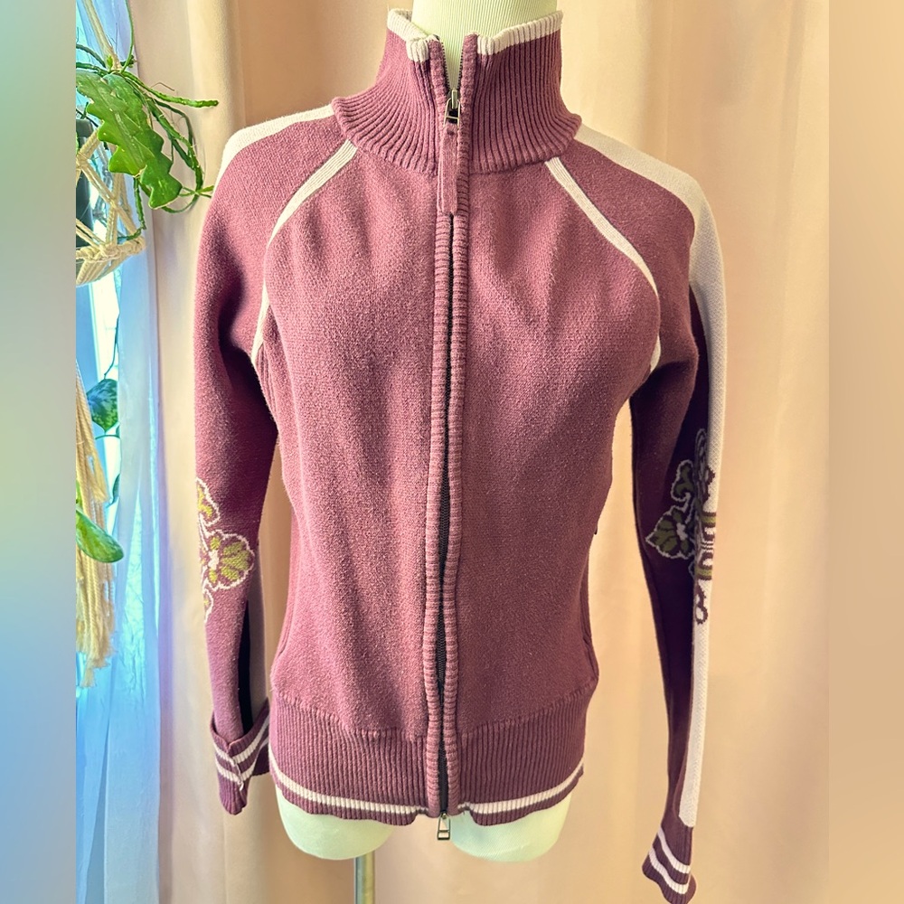 Athleta sweater jacket with floral print 100%cotton plum with lavender accents